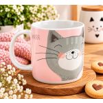 Rózsaszín cicás porcelán bögre szürke macskamintával