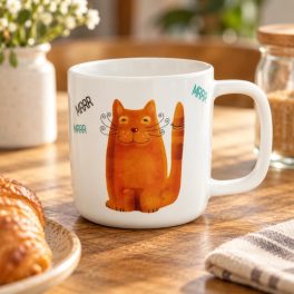 Barna cicás porcelán bögre elölnézetben