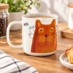 Barna macskás porcelán bögre közeli nézetben