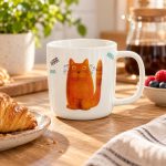 Barna cicás porcelán bögre reggeli mellett