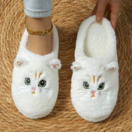 Aranyos cicás mintájú fehér benti papucs, otthoni használatra