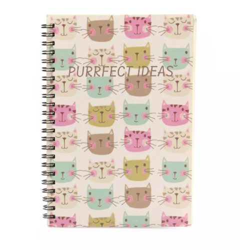 A5 méretű spirálos cicás füzet színes macskafejes mintával