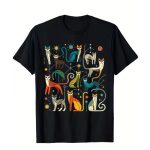 Középkori macskák mintás fekete cicás póló – 100% pamut, kényelmes viselet