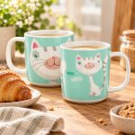 Mentazöld cicás porcelán bögrék reggeli hangulatban