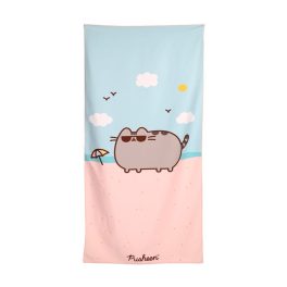 Pusheen macskás strandtörölköző világoskék rózsaszín mintával