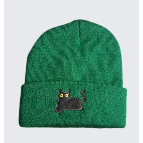 zöld cicás kötött sapka fekete hímzett macskával
