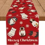 cicás karácsonyi dekoráció – Meowy Christmas asztali futó macskás mintás terítő az ünnepi asztalra