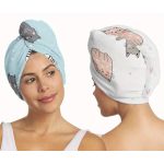 Mikroszálas hajszárító turbán cicás mintával hajmosás utáni gyors szárításhoz