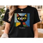 Picatso művészi cicás fekete póló modellen