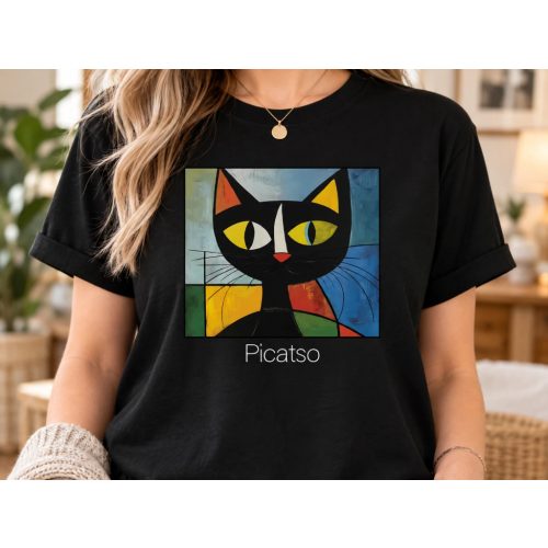 Picatso művészi cicás fekete póló modellen