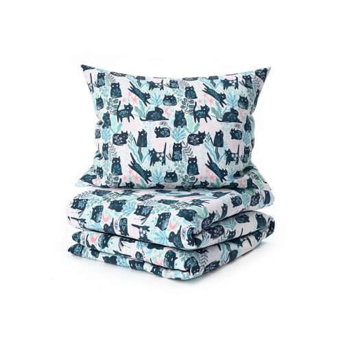 fekete macskamintás ágyneműhuzat párnával és takaróval