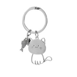 Ezüst kulcstartó macska és hal medállal
