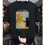 Napraforgós macska mintás fekete cicás póló – Van Gogh ihlette grafika, kerek nyak