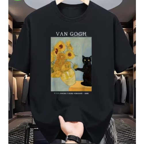 Napraforgós macska mintás fekete cicás póló – Van Gogh ihlette grafika, kerek nyak