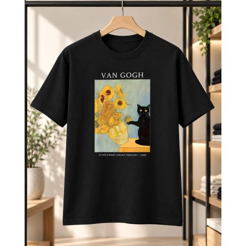 Van Gogh ihlette cicás fekete póló napraforgós mintával