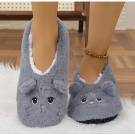 Cicafejes szürke házipapucs – elölnézet, cuki cica arccal