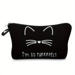 Fekete-fehér csíkos cicás kozmetikai táska – I'm so purrfect felirattal