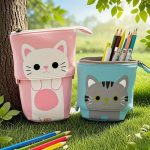 Szürke és rózsaszín cicás tolltartók kültéren, ceruzákkal dekorálva