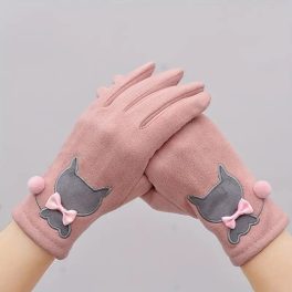 elegáns rózsaszín cicás női kesztyű macska hímzéssel