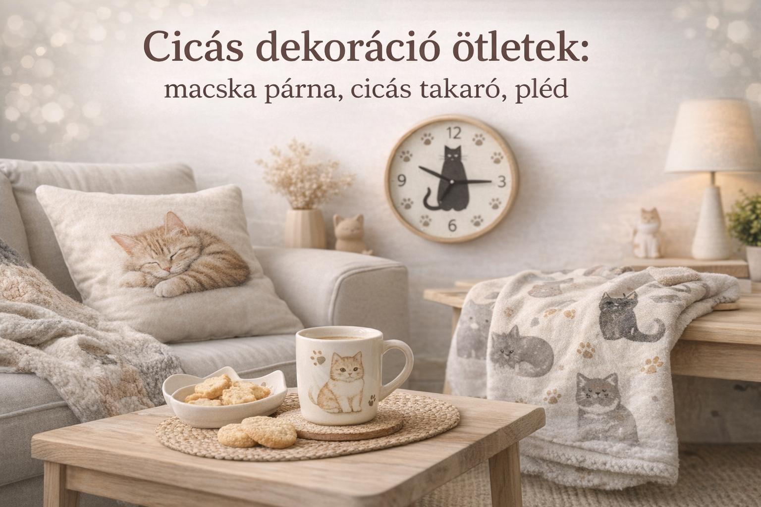 Cicás dekoráció ötletek otthonra: macska párna, cicás takaró és falióra
